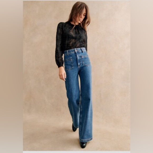 BNWT Sézane Valentine Black Embroidered Blouse US 8 FR 40 Long-Sleeve Sheer Mock - Picture 3 of 7